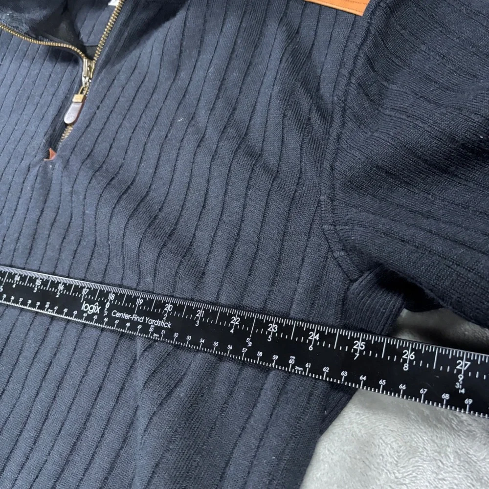 Orvis Mens Navy Blue Wool Blend Ribbed 1/4 Zip Sweater Leather Patches XL 9K3G